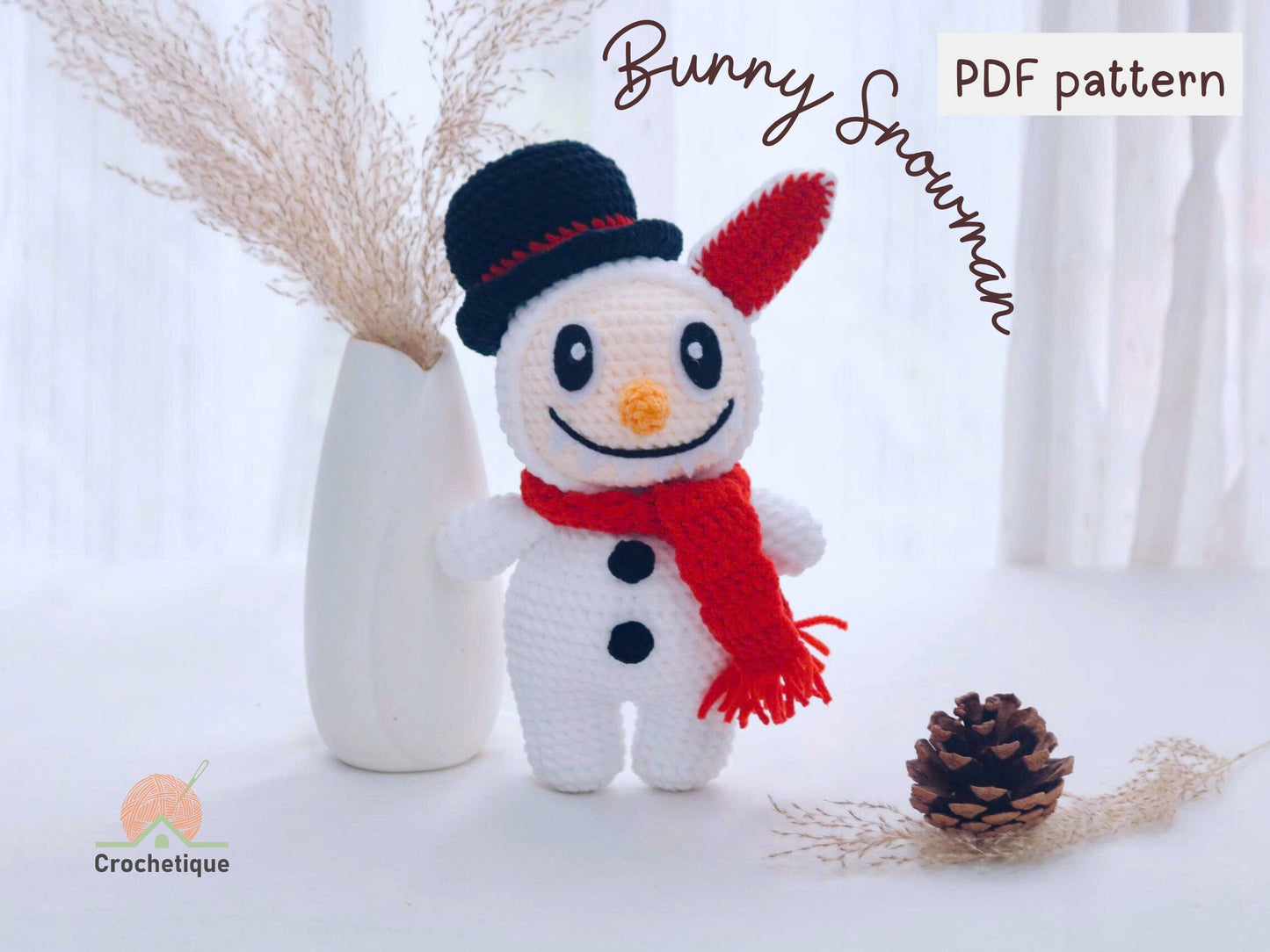 Smiling Snowman Bunny Crochet Pattern, Cute Crochet Amigurumi Bunny for Christmas
