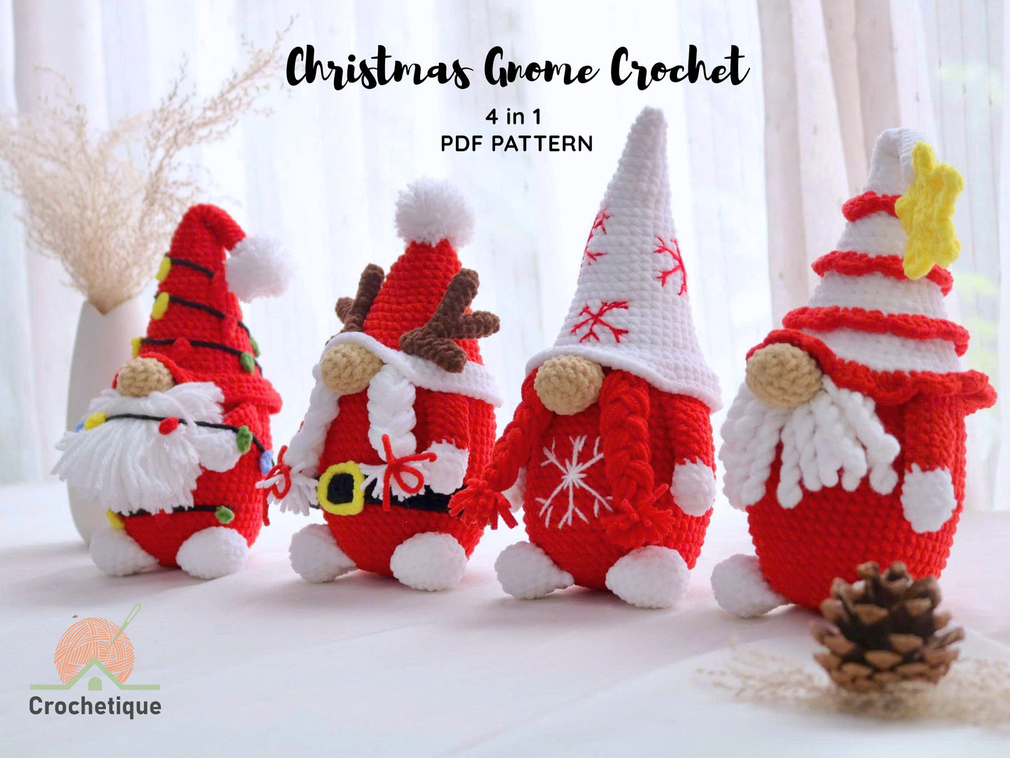 Christmas Gnome Crochet Patterns, Crochet 4 in 1 Gnome Amigurumi Pattern.