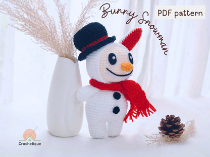 Smiling Snowman Bunny Crochet Pattern, Cute Crochet Amigurumi Bunny for Christmas