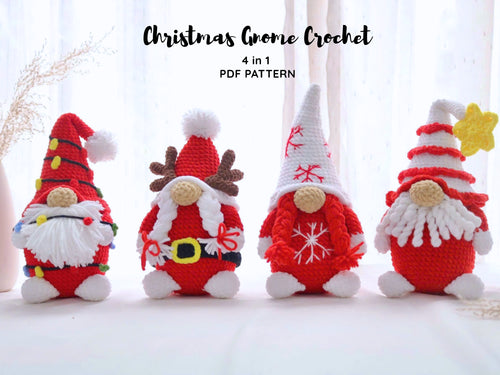 Christmas Gnome Crochet Patterns, Crochet 4 in 1 Gnome Amigurumi Pattern.