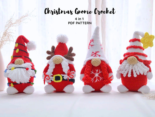 Christmas Gnome Crochet Patterns, Crochet 4 in 1 Gnome Amigurumi Pattern.